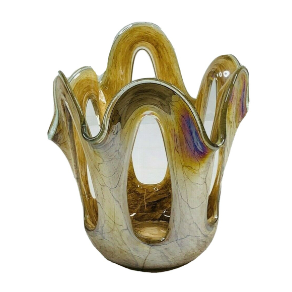 Vtg Makora Krosno Hand Blown Open Scalloped Edges Iridescent Glass Vase Poland - Picture 2 of 8